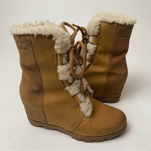 Sorel Joan of Arctic Mid Lace Up Wedge Elk Camel Brown Leather Shearling Lux 8